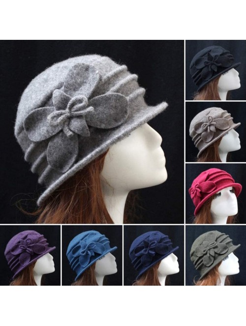 Fedoras Women 100% Wool Solid Color Round Top Cloche Beret Cap Flower Fedora Hat - 2 Navy - CI186WY866W $18.07