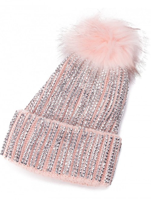 Skullies & Beanies Womens Faux Fur Pom Pom Beanie Ski Hat Cap Slouchy Knit Warm A469 - Pink - CA1882KYQIK $21.75
