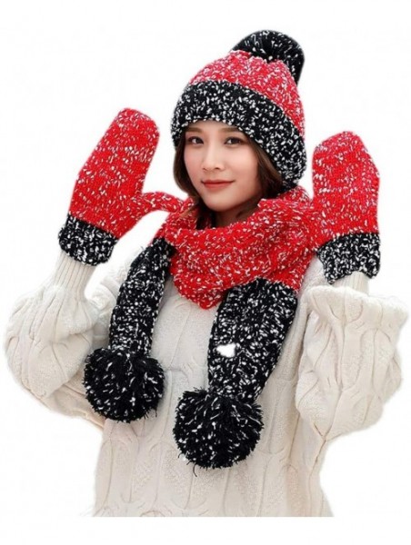 Skullies & Beanies 3Pcs Women Winter Set Warm Multicolor Knitted Beanie Hat Caps Hairball +Hairball Scarf+Gloves Mittens Set ...