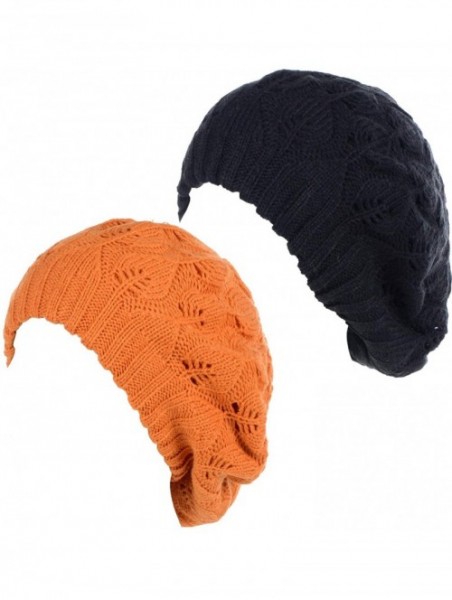 Berets Winter Chic Warm Double Layer Leafy Cutout Crochet Chunky Knit Slouchy Beret Beanie Hat Solid - CE18X63ED32 $23.63