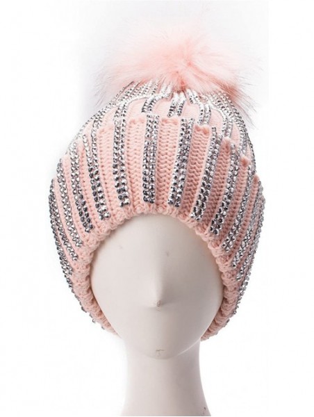 Skullies & Beanies Womens Faux Fur Pom Pom Beanie Ski Hat Cap Slouchy Knit Warm A469 - Pink - CA1882KYQIK $21.75