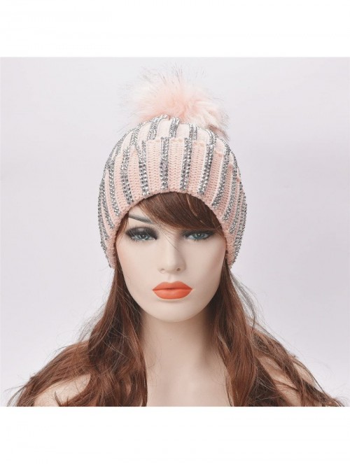 Skullies & Beanies Womens Faux Fur Pom Pom Beanie Ski Hat Cap Slouchy Knit Warm A469 - Pink - CA1882KYQIK $21.75