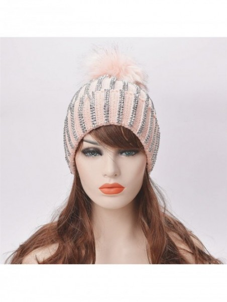 Skullies & Beanies Womens Faux Fur Pom Pom Beanie Ski Hat Cap Slouchy Knit Warm A469 - Pink - CA1882KYQIK $21.75