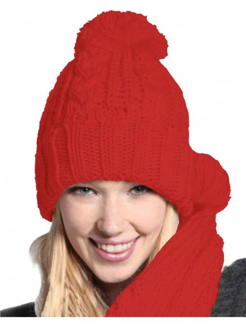 Skullies & Beanies Women's Winter Warm Beanie Hat Scarf Set Girls Solid Fuzzy Pom Knit Ski Skully Cap - Red - C31938MSHH2 $17.81