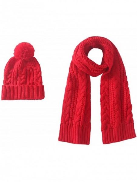 Skullies & Beanies Women's Winter Warm Beanie Hat Scarf Set Girls Solid Fuzzy Pom Knit Ski Skully Cap - Red - C31938MSHH2 $17.81