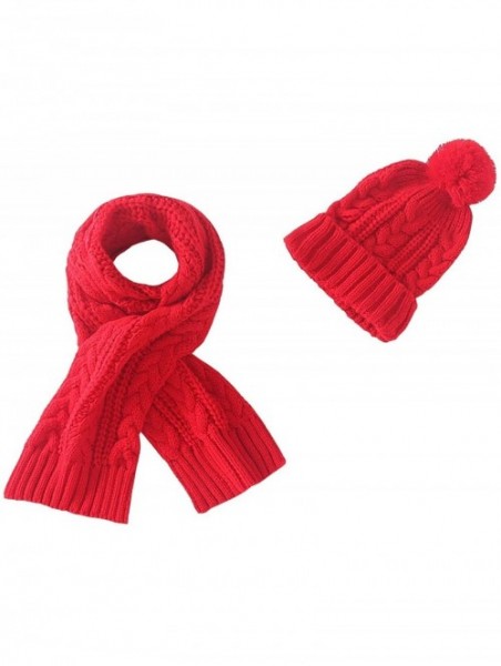 Skullies & Beanies Women's Winter Warm Beanie Hat Scarf Set Girls Solid Fuzzy Pom Knit Ski Skully Cap - Red - C31938MSHH2 $17.81