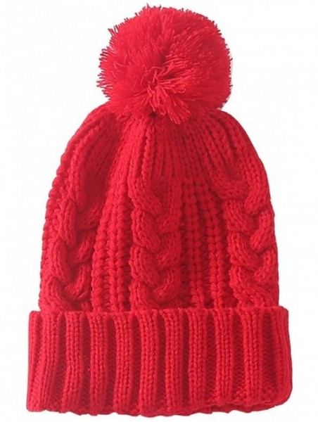 Skullies & Beanies Women's Winter Warm Beanie Hat Scarf Set Girls Solid Fuzzy Pom Knit Ski Skully Cap - Red - C31938MSHH2 $17.81