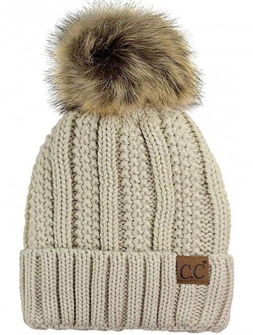 Skullies & Beanies Quality Women's Faux Fur Pom Fuzzy Fleece Lined Slouchy Skull Thick Cable Beanie hat - Beige - CN18K6QH59Y...