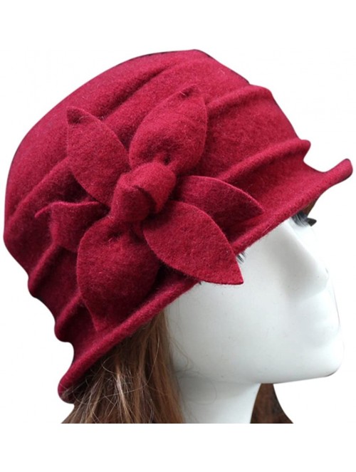 Skullies & Beanies Women 100% Wool Felt Round Top Cloche Hat Fedoras Trilby with Bow Flower - A6 Dark Red - C4188A4NWZ3 $18.31