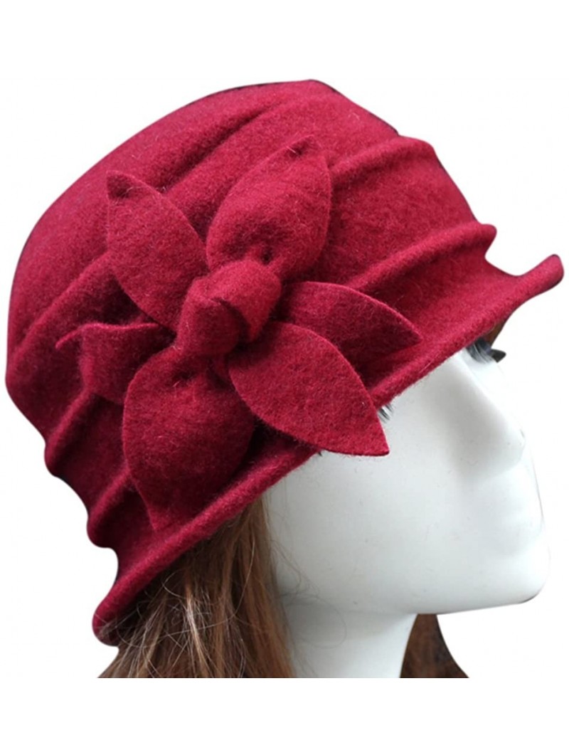 Skullies & Beanies Women 100% Wool Felt Round Top Cloche Hat Fedoras Trilby with Bow Flower - A6 Dark Red - C4188A4NWZ3 $18.31