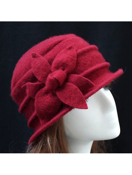 Skullies & Beanies Women 100% Wool Felt Round Top Cloche Hat Fedoras Trilby with Bow Flower - A6 Dark Red - C4188A4NWZ3 $18.31