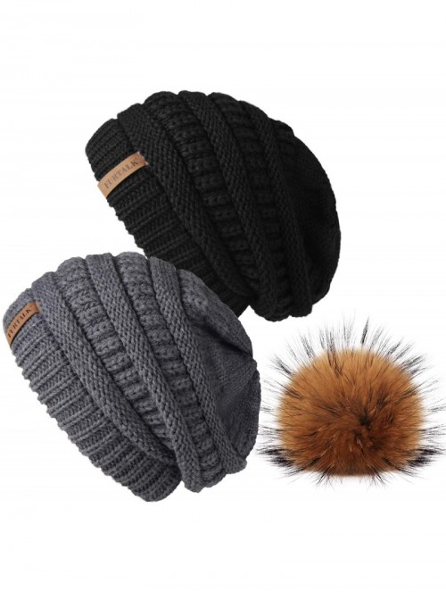 Skullies & Beanies Winter Real Fur Pom Beanie Hat Warm Oversized Chunky Cable Knit Slouch Beanie Hats for Women - CB18UM03DL0...