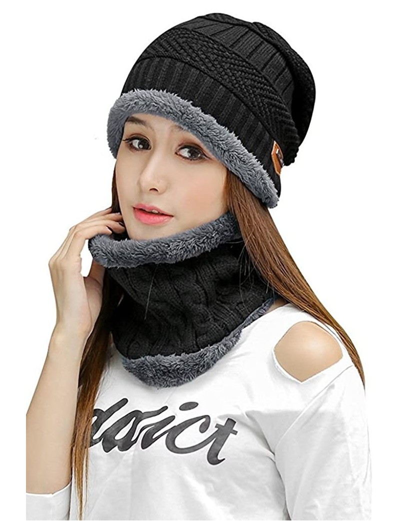 Skullies & Beanies Women's Beanie Hat Scarf Set Knit Warm Thick Winter Snow Skull Caps - Black - CE1857L5D8Y $12.65