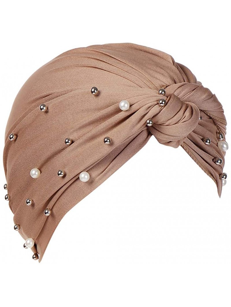 Bomber Hats Women Muslim Turban Pearl Hat Bonnet Hijab Headscarf Islamic Chemo Cap - Brown - C618RZTMQCX $9.46