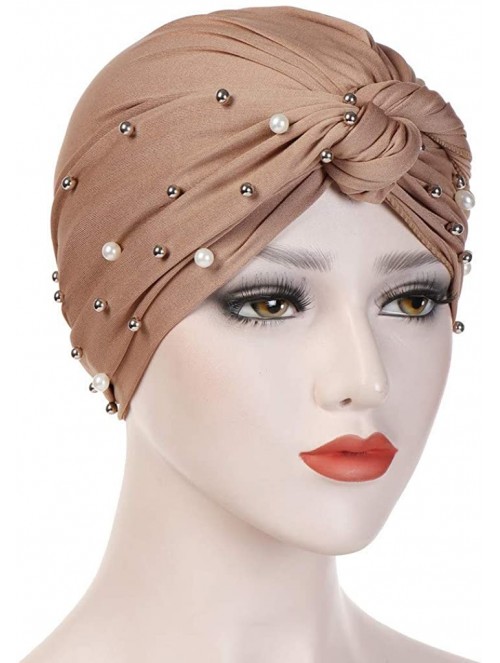 Bomber Hats Women Muslim Turban Pearl Hat Bonnet Hijab Headscarf Islamic Chemo Cap - Brown - C618RZTMQCX $9.46