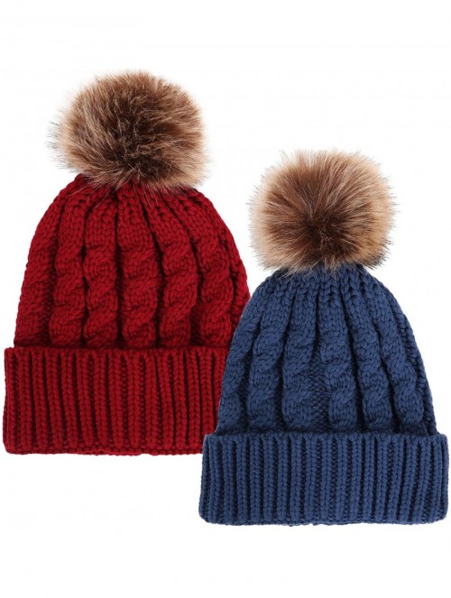 Skullies & Beanies Womens Winter Hand Knit Faux Fur Pompoms Beanie Hat - Denimburgundy - C712BYRS3SZ $28.32