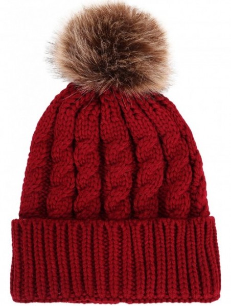 Skullies & Beanies Womens Winter Hand Knit Faux Fur Pompoms Beanie Hat - Denimburgundy - C712BYRS3SZ $28.32