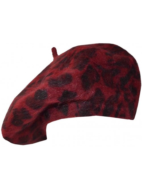 Berets Leopard Angora Beret Cap Hat 10.5" - Burgundy - C8180279WAT $22.40