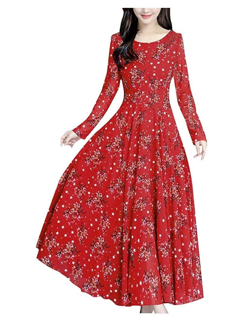 Headbands Women Dress Fashion Floral Beach Long Sleeve Dress Casual Party Vintage Sexy Maxi Dress - Red a - CI19249XSDO $12.06