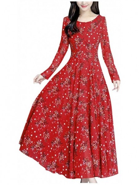 Headbands Women Dress Fashion Floral Beach Long Sleeve Dress Casual Party Vintage Sexy Maxi Dress - Red a - CI19249XSDO $12.06