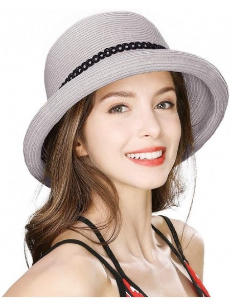 Sun Hats Womens Summer Sun Beach Straw Hats UPF Protective Panama Fedora Outdoor Patio - 00010_gray - CQ18SUZ9GCZ $27.88