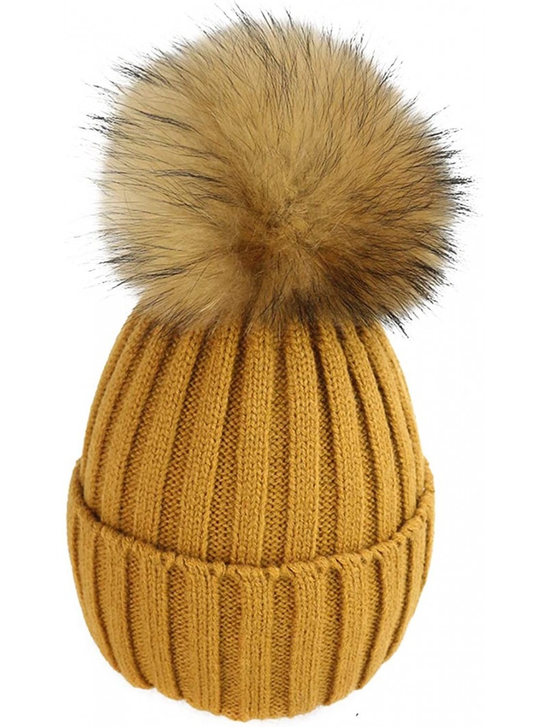 Skullies & Beanies Women Cable Knit Beanie Raccoon Fur Fuzzy Pompom Chunky Winter Stretch Skull Cap Cuff Hat - 06tan - CT18WT...