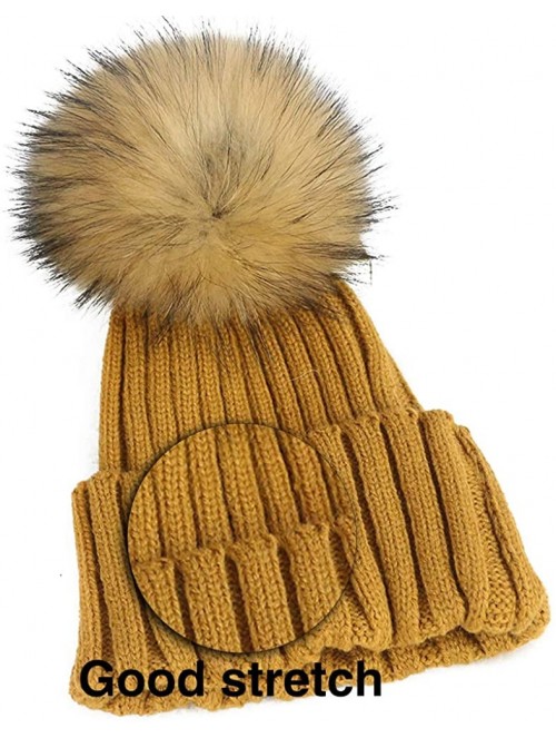 Skullies & Beanies Women Cable Knit Beanie Raccoon Fur Fuzzy Pompom Chunky Winter Stretch Skull Cap Cuff Hat - 06tan - CT18WT...