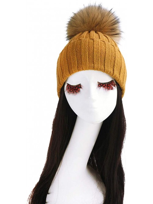 Skullies & Beanies Women Cable Knit Beanie Raccoon Fur Fuzzy Pompom Chunky Winter Stretch Skull Cap Cuff Hat - 06tan - CT18WT...