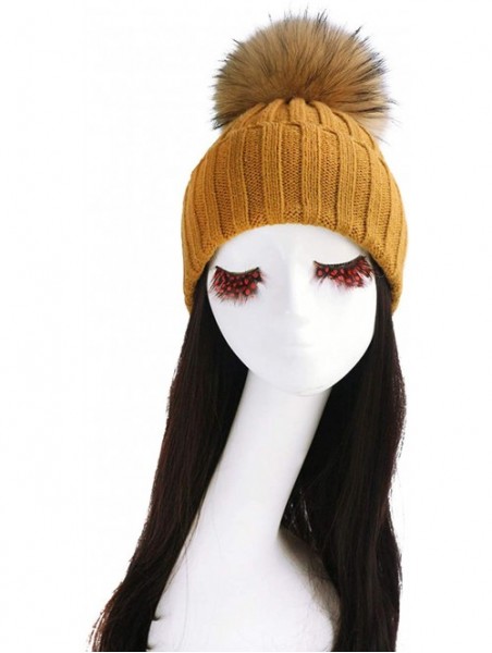 Skullies & Beanies Women Cable Knit Beanie Raccoon Fur Fuzzy Pompom Chunky Winter Stretch Skull Cap Cuff Hat - 06tan - CT18WT...