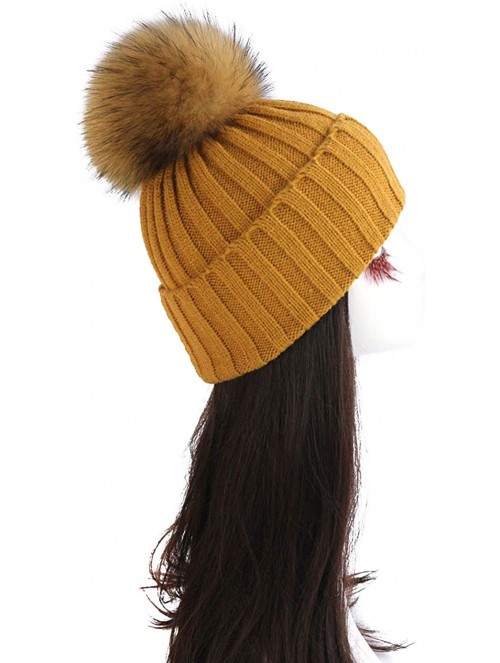 Skullies & Beanies Women Cable Knit Beanie Raccoon Fur Fuzzy Pompom Chunky Winter Stretch Skull Cap Cuff Hat - 06tan - CT18WT...