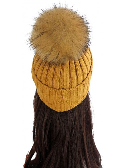 Skullies & Beanies Women Cable Knit Beanie Raccoon Fur Fuzzy Pompom Chunky Winter Stretch Skull Cap Cuff Hat - 06tan - CT18WT...