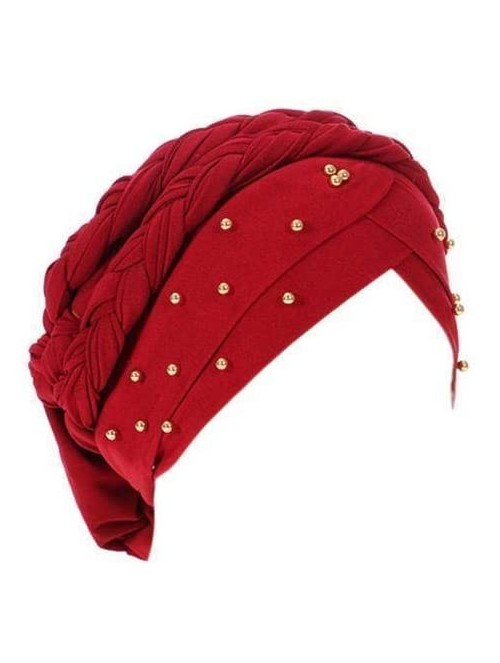 Skullies & Beanies Stay Beautiful Studded Chemo Hair Loss Cap Cancer Head Wrap Turban with Braided Lace for Women - Red - C11...