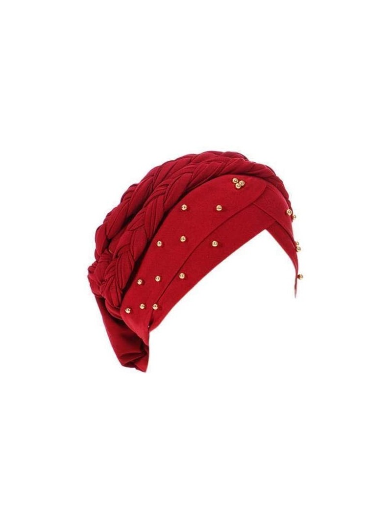 Skullies & Beanies Stay Beautiful Studded Chemo Hair Loss Cap Cancer Head Wrap Turban with Braided Lace for Women - Red - C11...