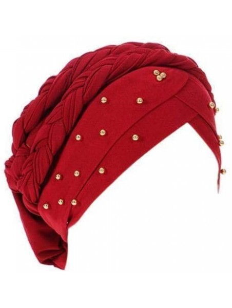 Skullies & Beanies Stay Beautiful Studded Chemo Hair Loss Cap Cancer Head Wrap Turban with Braided Lace for Women - Red - C11...