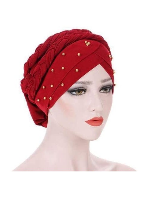 Skullies & Beanies Stay Beautiful Studded Chemo Hair Loss Cap Cancer Head Wrap Turban with Braided Lace for Women - Red - C11...