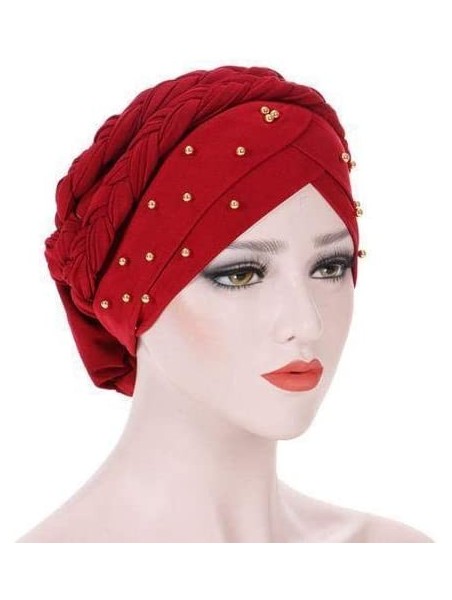 Skullies & Beanies Stay Beautiful Studded Chemo Hair Loss Cap Cancer Head Wrap Turban with Braided Lace for Women - Red - C11...