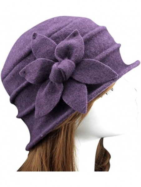 Berets Women 100% Wool Solid Color Round Top Cloche Beret Cap Flower Fedora Hat - 5 Fuschia - CU186WYD5WH $24.73