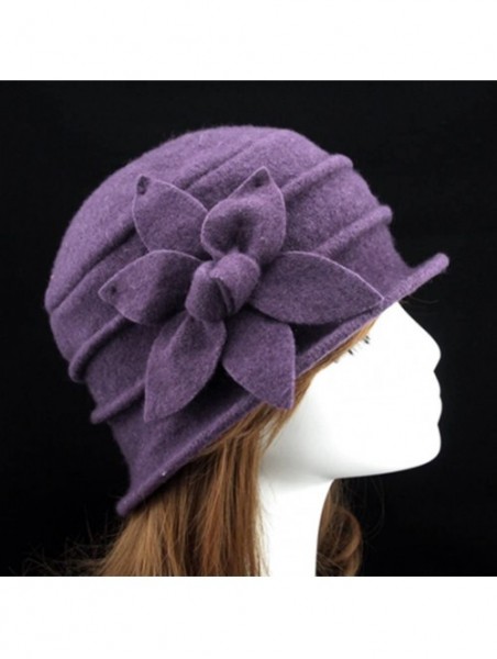 Berets Women 100% Wool Solid Color Round Top Cloche Beret Cap Flower Fedora Hat - 5 Fuschia - CU186WYD5WH $24.73