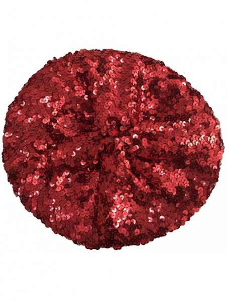 Berets Sparkle Sequine Adjustable Beanie Beret Hat Performance Cap - Red - CS11XEUO5EH $12.15