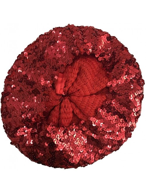 Berets Sparkle Sequine Adjustable Beanie Beret Hat Performance Cap - Red - CS11XEUO5EH $12.15