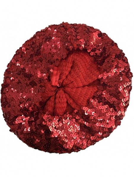 Berets Sparkle Sequine Adjustable Beanie Beret Hat Performance Cap - Red - CS11XEUO5EH $12.15