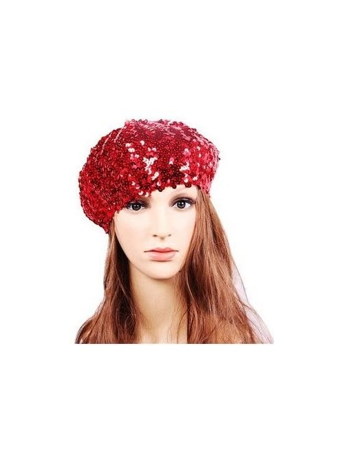 Berets Sparkle Sequine Adjustable Beanie Beret Hat Performance Cap - Red - CS11XEUO5EH $12.15