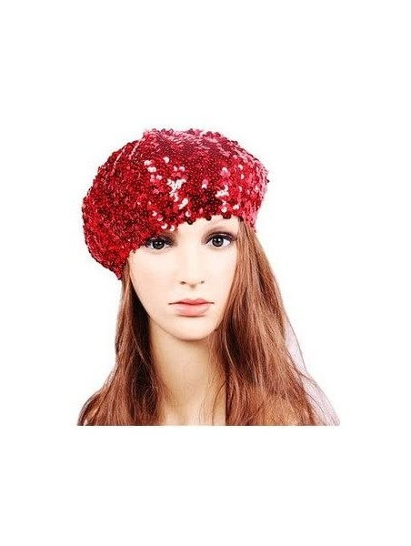 Berets Sparkle Sequine Adjustable Beanie Beret Hat Performance Cap - Red - CS11XEUO5EH $12.15