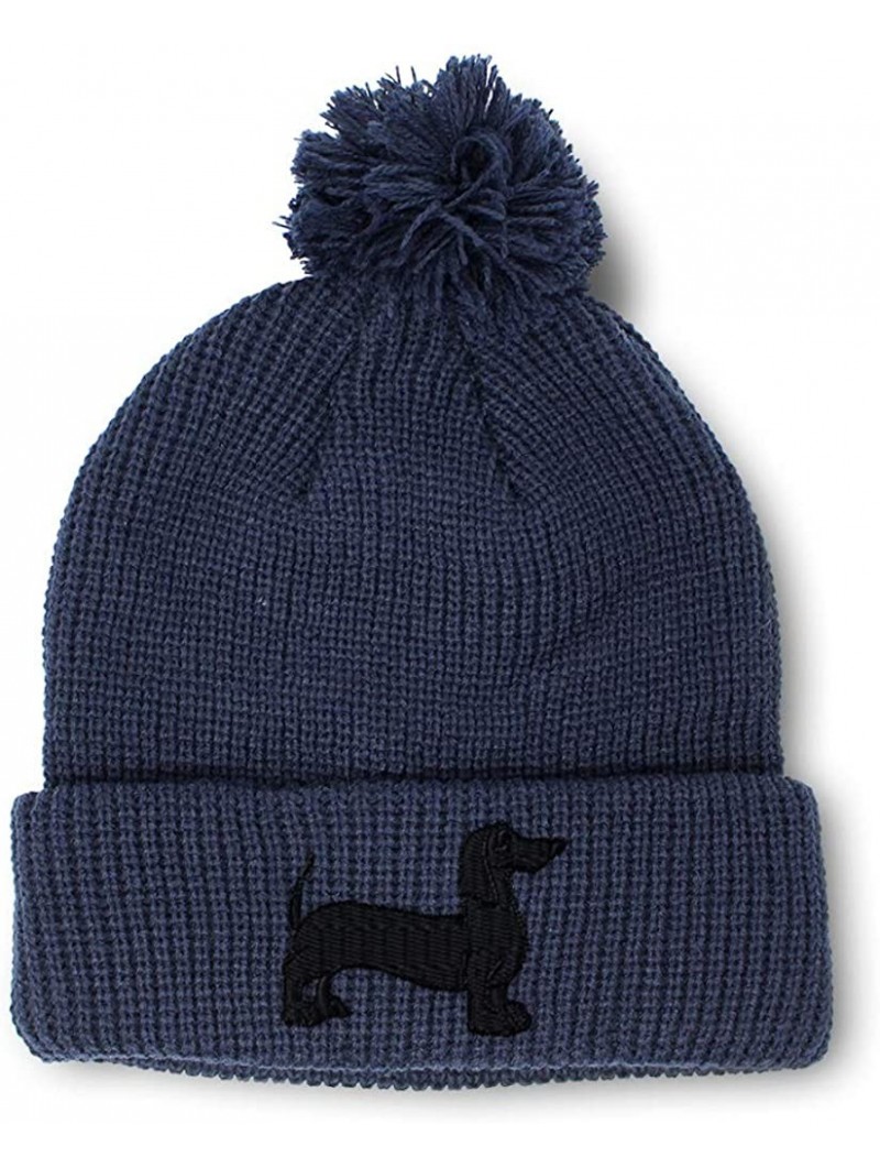 Skullies & Beanies Custom Pom Pom Beanie Dachshund Dog Black Silhouette Embroidery Acrylic - Navy - CG18A3IG8A9 $17.36