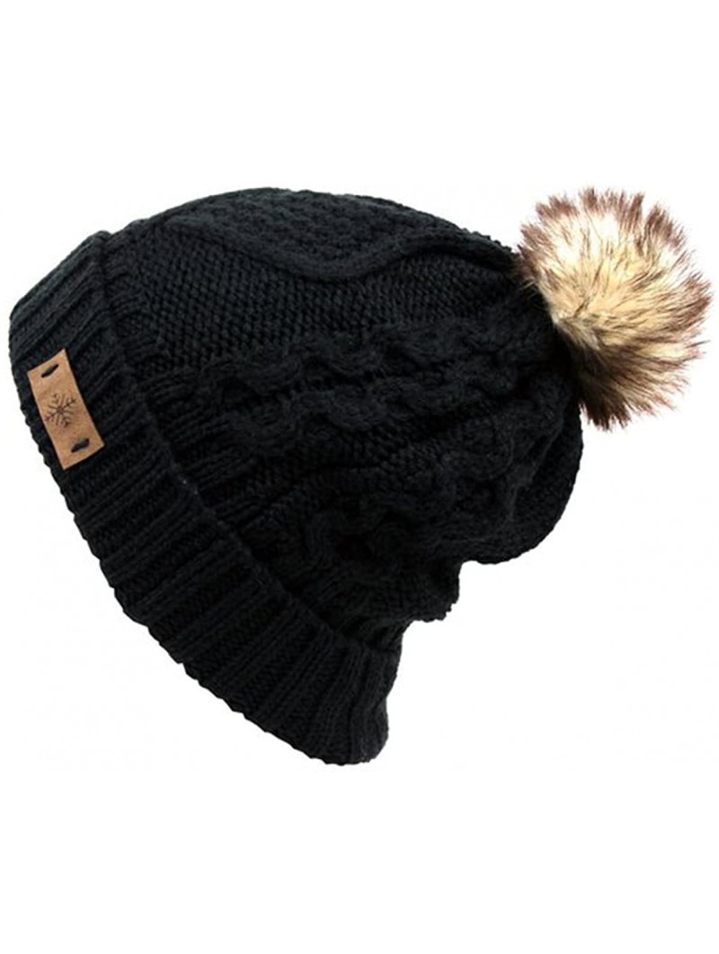 Skullies & Beanies Women's Fleece Lined Knitted Slouchy Faux Fur Pom Pom Cable Beanie Cap Hat - Black - CK128KIATYL $18.27