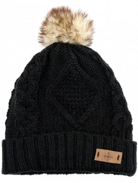 Skullies & Beanies Women's Fleece Lined Knitted Slouchy Faux Fur Pom Pom Cable Beanie Cap Hat - Black - CK128KIATYL $18.27