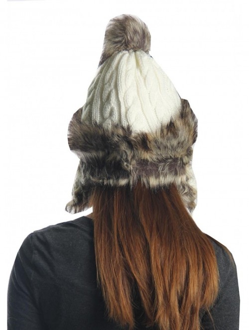 Skullies & Beanies Earflap Furry Cable Knit Trooper Trapper PomPom Ski Snow Hat - White - CW11QPCSP4H $21.12