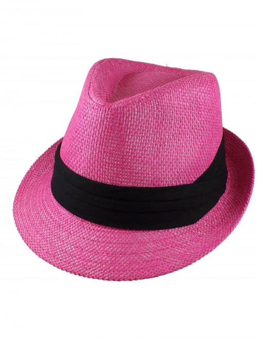 Fedoras Summer Fedora Panama Straw Hats with Black Band - Pink - CF1829TS4N2 $14.92