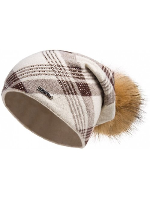 Skullies & Beanies Women's Slouchy Beanie Hat with Fur Pompom Warm Winter Hat - Beige Plaid( Gold Pompom) - C3185K992SO $25.58