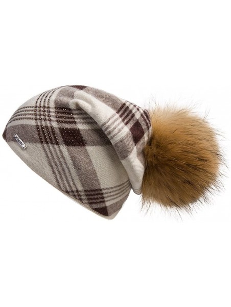 Skullies & Beanies Women's Slouchy Beanie Hat with Fur Pompom Warm Winter Hat - Beige Plaid( Gold Pompom) - C3185K992SO $25.58